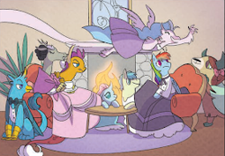 Size: 280x194 | Tagged: safe, derpibooru import, idw, gallus, ocellus, rainbow dash, sandbar, silverstream, smolder, yona, my little pony classics reimagined: little fillies, spoiler:comic, clothes, dress, fireplace, picture for breezies, student six
