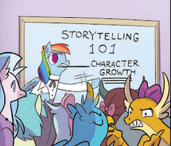 Size: 280x238 | Tagged: safe, derpibooru import, idw, gallus, ocellus, rainbow dash, sandbar, silverstream, smolder, yona, my little pony classics reimagined: little fillies, spoiler:comic, picture for breezies, pointer, student six, whiteboard