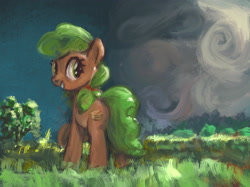 Size: 2732x2048 | Tagged: safe, artist:mandumustbasukanemen, derpibooru import, apple brown betty, earth pony, pony, apple family member, cloud, female, field, looking back, mare, scenery, smiling, solo