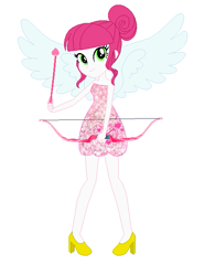 Size: 487x623 | Tagged: safe, artist:leahrow, artist:selenaede, derpibooru import, lovestruck, human, equestria girls, angelic wings, arrow, bare shoulders, base used, bow (weapon), clothes, cutie mark on clothes, dress, equestria girls style, equestria girls-ified, hair bun, high heels, looking at you, pink dress, recolor, shoes, simple background, sleeveless, smiling, solo, strapless, white background, wings