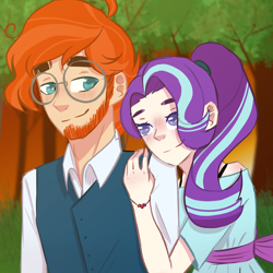 Size: 2250x2250 | Tagged: safe, artist:writtenheart, derpibooru import, starlight glimmer, sunburst, human, colored pupils, date, duo, female, hug, humanized, looking at each other, looking at someone, male, shipping, smiling, smiling at each other, starburst, straight