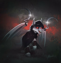 Size: 2874x3000 | Tagged: safe, artist:helmie-art, derpibooru import, bat pony, pony, awesome, cloak, clothes, death (puss in boots), dreamworks, fangs, grim reaper, male, ponified, puss in boots: the last wish, red eyes, scythe, shotel, simple background, solo, stallion, unshorn fetlocks