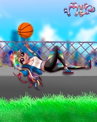 Size: 1080x1350 | Tagged: safe, artist:mlp-france-yt, derpibooru import, rainbow dash, human, basketball, female, humanized, lying down, on back, sports