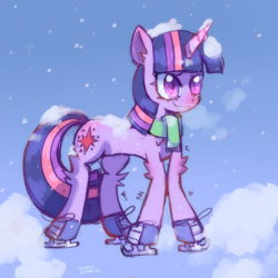 Size: 3000x3000 | Tagged: safe, artist:crystalkandy, derpibooru import, twilight sparkle, unicorn twilight, pony, unicorn, clothes, female, ice skating, scarf, snow, solo, winter