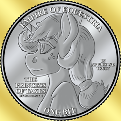 Size: 1024x1024 | Tagged: safe, artist:korencz11, derpibooru import, applejack, alicorn, pony, coin, fanfic, fanfic art, solo