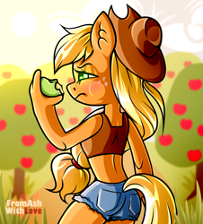 Size: 1900x2100 | Tagged: safe, artist:loverashley, derpibooru import, applejack, anthro, apple, female, food, solo