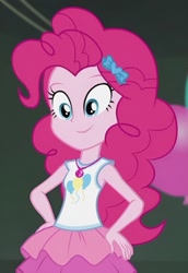 Size: 1144x1662 | Tagged: safe, derpibooru import, screencap, pinkie pie, human, all the world's off stage, all the world's off stage: pinkie pie, better together, equestria girls, clothes, cropped, cute, diapinkes, hand on hip, happy, rah rah skirt, skirt, smiling, solo