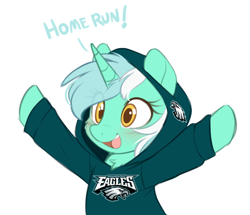 Size: 860x740 | Tagged: safe, artist:higglytownhero, derpibooru import, lyra heartstrings, pony, unicorn, american football, blushing, bust, chest fluff, clothes, female, hoodie, horn, mare, nfl, open mouth, open smile, philadelphia eagles, raised arms, simple background, smiling, solo, white background