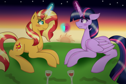 Size: 1200x800 | Tagged: safe, artist:dazzlingmimi, artist:eeveeglaceon, derpibooru import, sunset shimmer, twilight sparkle, twilight sparkle (alicorn), alicorn, pony, unicorn, alcohol, duo, eye contact, female, glowing, glowing horn, horn, lesbian, looking at each other, looking at someone, shipping, sunset, sunsetsparkle, wine