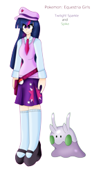 Size: 3441x6347 | Tagged: safe, artist:eeveeglaceon, derpibooru import, spike, twilight sparkle, human, equestria girls, crossover, goomy, human coloration, pokefied, pokémon, pokémon trainer, simple background, species swap, transparent background