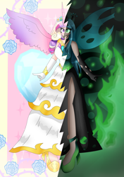 Size: 3483x4938 | Tagged: safe, artist:eeveeglaceon, derpibooru import, princess cadance, queen chrysalis, human, fake cadance, horn, horned humanization, humanized, two sides, winged humanization, wings