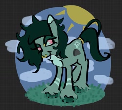 Size: 1167x1047 | Tagged: safe, artist:rennynation, derpibooru import, oc, oc only, oc:deathwish, earth pony, pony, lidded eyes, looking at you, nose piercing, nose ring, piercing, smiling, solo, unshorn fetlocks