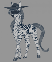 Size: 1756x2098 | Tagged: safe, artist:stray prey, derpibooru import, oc, oc only, oc:panacea, zebra, blindfold, female, hat, monochrome, simple background, solo, zebra oc