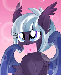 Size: 2232x2732 | Tagged: safe, artist:spookyle, derpibooru import, oc, oc only, oc:moonlit mist, bat pony, pony, bat pony oc, female, hearts and hooves day, holiday, letter, mare, mouth hold, solo, valentine's day