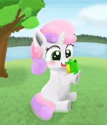 Size: 3000x3500 | Tagged: safe, artist:littletinybit, derpibooru import, sweetie belle, frog, pony, unicorn, cute, diasweetes, female, lake, solo, tree, water