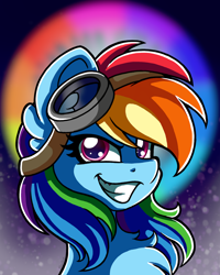 Size: 1600x2000 | Tagged: safe, artist:blackiethepony, derpibooru import, rainbow dash, pegasus, pony, bust, chest fluff, female, goggles, goggles on head, grin, mare, portrait, smiling, solo
