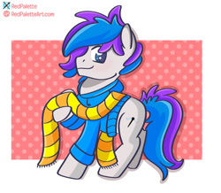 Size: 957x835 | Tagged: safe, artist:redpalette, derpibooru import, oc, oc only, earth pony, abstract background, clothes, cute, scarf, solo, striped scarf