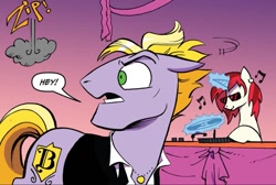 Size: 1113x750 | Tagged: safe, artist:andypriceart, derpibooru import, idw, buck withers, long play, earth pony, pony, unicorn, g4, neigh anything, spoiler:comic, spoiler:comic12, 33 1-3 lp, dialogue, dishevelled, emanata, glowing, glowing horn, gradient background, horn, levitation, magic, male, solo focus, speech bubble, stallion, telekinesis