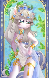 Size: 2595x4096 | Tagged: safe, artist:irinamar, derpibooru import, oc, oc only, anthro, pony, unicorn, anthro oc, belly button, breasts, cleavage, clothes, eye clipping through hair, female, grey hair, high res, horn, jewelry, revealing clothing, solo, stained glass, stained glass window