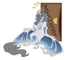 Size: 2000x1700 | Tagged: safe, artist:uunicornicc, derpibooru import, oc, oc only, oc:rainstories, hybrid, kirin, adulthood, bat wings, door, female, simple background, solo, transparent background, winged kirin, wings