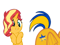 Size: 1280x960 | Tagged: safe, artist:mlpfan3991, derpibooru import, sunset shimmer, oc, oc:flare spark, pegasus, pony, unicorn, butt, cutie mark, eyes on the prize, female, flank, hip, lesbian, looking at butt, show accurate, simple background, smiling, tail, transparent background, wings