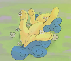 Size: 2048x1779 | Tagged: safe, artist:mandumustbasukanemen, derpibooru import, lemon hearts, pony, belly button, butt, cute, dock, eating, featureless crotch, female, flower, grass, grass field, horses doing horse things, lying down, mare, on back, plot, smiling, solo, tail, underhoof