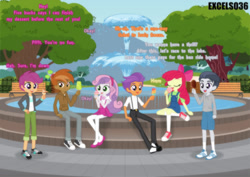 Size: 1291x913 | Tagged: safe, artist:excelso36, apple bloom, button mash, rumble, scootaloo, sweetie belle, tender taps, human, equestria girls, casual, clothes, commission, converse, dialogue, eating, equestria girls-ified, female, fountain, ice cream, male, miniskirt, park, shoes, suspenders