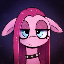 Size: 884x884 | Tagged: safe, artist:pizzahutjapan, color edit, colorist:xbi, derpibooru import, edit, editor:xbi, pinkie pie, earth pony, pony, collar, colored, ears, female, floppy ears, looking at you, mare, pinkamena diane pie, solo