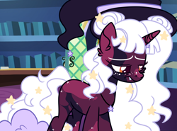 Size: 1000x738 | Tagged: safe, artist:fuckomcfuck, derpibooru import, edit, edited screencap, screencap, oc, oc:bloody moon, pegasus, pony, hat, horn, horn jewelry, jewelry, library, necklace, solo, stars, witch hat
