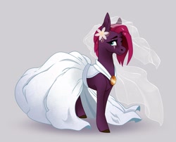 Size: 2471x2000 | Tagged: safe, artist:28gooddays, derpibooru import, fizzlepop berrytwist, tempest shadow, pony, unicorn, alternate hairstyle, aside glance, beige background, bride, broken horn, clothes, dress, eye scar, facial scar, female, flower, flowing mane, high res, horn, looking at you, mare, pretty pretty tempest, scar, simple background, smiling, solo, standing, three quarter view, wedding dress, wedding veil
