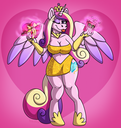 Size: 1867x1974 | Tagged: safe, artist:metallicumbrage, derpibooru import, part of a series, part of a set, princess cadance, alicorn, anthro, digitigrade anthro, bare midriff, bare shoulders, belly button, breasts, candy, cleavage, clothes, crown, cutie mark, dress, evening gloves, eyeshadow, fingerless elbow gloves, fingerless gloves, food, gloves, glowing, heart shaped box, holiday, human to anthro, human to pony, jewelry, levitation, long gloves, long mane, long tail, looking at you, magic, magic aura, makeup, male to female, necklace, one eye closed, pink background, princess cansdance, regalia, rule 63, short dress, signature, simple background, slit, smiling, solo, sparkles, species swap, spread wings, standing, tail, telekinesis, tight clothing, tongue, tongue out, transformation, transgender, transgender transformation, valentine's day, wings, wink, winking at you