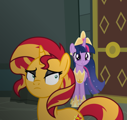 Size: 6012x5664 | Tagged: safe, artist:emeraldblast63, derpibooru import, princess twilight 2.0, sunset shimmer, twilight sparkle, twilight sparkle (alicorn), alicorn, pony, unicorn, comic:the tale of two sunsets, equestria girls, the last problem, crown, duo, duo female, female, human sunset, jewelry, mare, older, older twilight, regalia