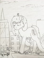 Size: 3432x4580 | Tagged: safe, artist:cap_watching, derpibooru import, earth pony, pony, car, city, commission, female, giant pony, giantess, macro, mare, meta, micro, pencil, pencil drawing, stomping, traditional art, twitter