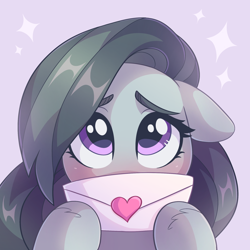 Size: 2000x2000 | Tagged: safe, artist:skysorbett, derpibooru exclusive, derpibooru import, marble pie, earth pony, pony, g4, blushing, cute, female, hearts and hooves day, holiday, letter, looking at you, love letter, marblebetes, mare, simple background, solo, sparkles, valentine's day, valentine's day card