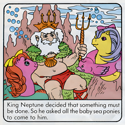Size: 900x900 | Tagged: artist needed, safe, derpibooru import, backstroke, sea star, human, sea pony, comic:my little pony (g1), g1, baby, baby sea ponies, bow, facial hair, female, hair bow, king neptune, official comic, scan, the strange shell, trident, trio, upscaled
