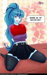 Size: 634x1000 | Tagged: safe, artist:clouddg, derpibooru import, sonata dusk, equestria girls, bronybait, clothes, heart, heart pillow, holiday, hug, kneeling, open mouth, pillow, pillow hug, skirt, socks, speech bubble, talking to viewer, valentine's day, zettai ryouiki