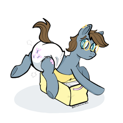 Size: 1920x1920 | Tagged: safe, artist:skimmoomoomilk, derpibooru import, oc, oc only, earth pony, diaper, diaper fetish, diaper package, earth pony oc, fetish, freckles, glasses, looking back, non-baby in diaper, poofy diaper, simple background, solo, underhoof, white background