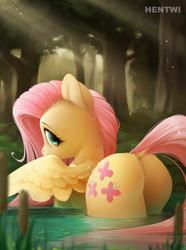 Size: 2500x3366 | Tagged: safe, artist:hentwi, derpibooru import, fluttershy, pegasus, pony, butt, crepuscular rays, cute, dock, female, flutterbutt, forest, forest background, looking at you, looking back, looking back at you, mare, plot, pond, rear view, shyabetes, solo, spread wings, tail, tree, wading, water, wings