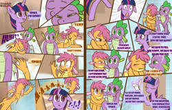 Size: 3900x2500 | Tagged: safe, artist:loverashley, derpibooru import, scootaloo, spike, twilight sparkle, twilight sparkle (alicorn), alicorn, dragon, pegasus, pony, comic, dialogue, fanfic art, female, filly, foal, implied sex, male, mare, scootaspike, shipping, speech bubble, straight