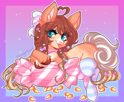 Size: 2208x1813 | Tagged: safe, artist:manglemaws, derpibooru import, oc, oc only, oc:candy apple, earth pony, pony, :p, ahoge, bow, bowtie, candy, clothes, coat markings, colored hooves, ear fluff, ears, eye clipping through hair, female, food, freckles, hair bow, mare, mismatched socks, simple background, socks, solo, striped socks, tongue, tongue out, unshorn fetlocks