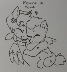 Size: 1412x1502 | Tagged: safe, artist:pony quarantine, derpibooru import, pegasus, pony, cute, duo, eyes closed, female, floating heart, foal, grayscale, heart, hug, monochrome, mother and child, parent and child, traditional art, wholesome