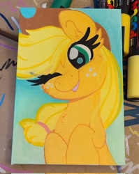 Size: 1628x2048 | Tagged: safe, artist:lbrcloud, derpibooru import, applejack, earth pony, pony, applejack's hat, chest fluff, clothes, cowboy hat, eyelashes, female, freckles, hat, one eye closed, smiling, solo, traditional art, wink