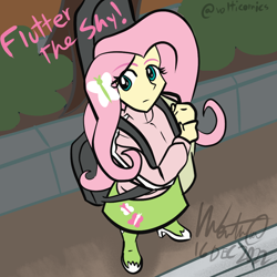 Size: 1000x1000 | Tagged: safe, artist:volticomics, derpibooru import, fluttershy, equestria girls, anime, anime reference, anime style, bocchi the rock!, boots, clothes, guitar, jacket, musical instrument, screenshot redraw, shoes, solo