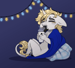 Size: 1100x1000 | Tagged: safe, artist:purplegrim40, derpibooru import, oc, oc only, anthro, unguligrade anthro, unicorn, animated, beard, blanket, blue background, christmas, christmas lights, commission, ears, eyes closed, facial hair, floppy ears, gif, holiday, horn, leonine tail, male, mug, pillow, simple background, smiling, solo, tail, unicorn oc, ych result