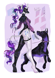 Size: 2480x3508 | Tagged: safe, artist:kisullkaart, derpibooru import, rarity, anthro, dog, unicorn, alternate hairstyle, doberman, latex, latex suit, mask, ponytail, purple, simple background, solo