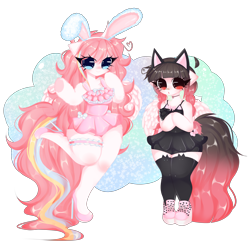 Size: 8000x8000 | Tagged: safe, artist:franshushu, derpibooru import, oc, oc only, oc:arwencuack, oc:nekonin, alicorn, anthro, cat, pegasus, pony, rabbit, animal, bodysuit, clothes, crossdressing, full body, simple background, swimsuit, transparent background