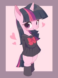 Size: 1607x2144 | Tagged: safe, artist:cheesesauce_45, derpibooru import, twilight sparkle, earth pony, pony, unicorn, bipedal, clothes, female, heart, looking at you, mare, sailor uniform, socks, solo, uniform