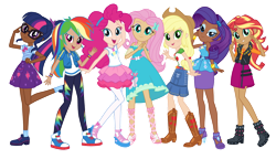 Size: 1024x591 | Tagged: safe, artist:princessfaeron, derpibooru import, applejack, fluttershy, pinkie pie, rainbow dash, rarity, sci-twi, sunset shimmer, twilight sparkle, equestria girls, dark skin, human coloration, humane five, humane seven, humane six, moderate dark skin, simple background, transparent background