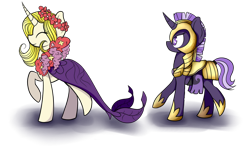 Size: 1024x604 | Tagged: safe, artist:princessfaeron, derpibooru import, oc, oc only, oc:dawn blade, oc:shiny stone, pony, unicorn, armor, clothes, dress, female, mare, simple background, transparent background