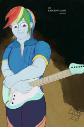 Size: 2000x3000 | Tagged: safe, derpibooru import, rainbow dash, human, equestria girls, album cover, album parody, eyebrows, female, frown, guitar, high res, looking down, musical instrument, solo, yngwie malmsteen